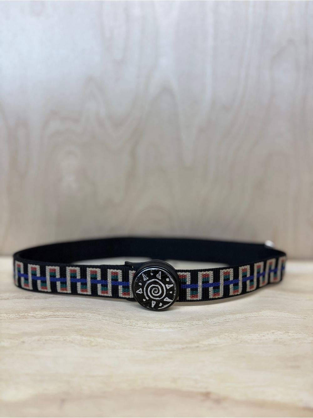 Men's Black Tribal Patterned Woven Belt with Decorative Twist Buckle